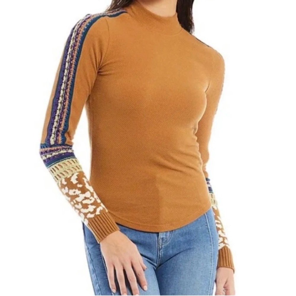 Free People Rust Switch It Up Thermal Long Sleeve Top Sz L Crochet Sleeves